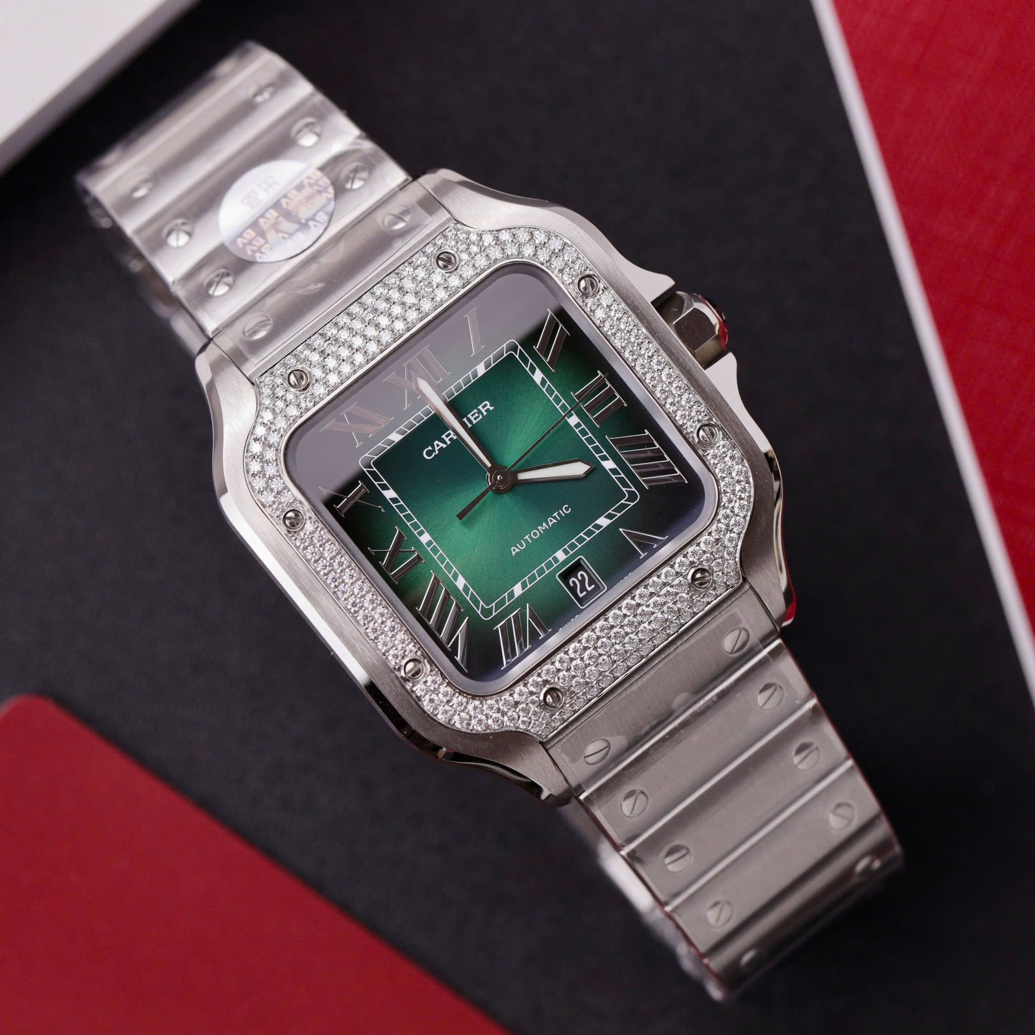 Cartier Santos Green Dial Large Model Custom Moissanite Bezel Best Clone BVF 39.8mm