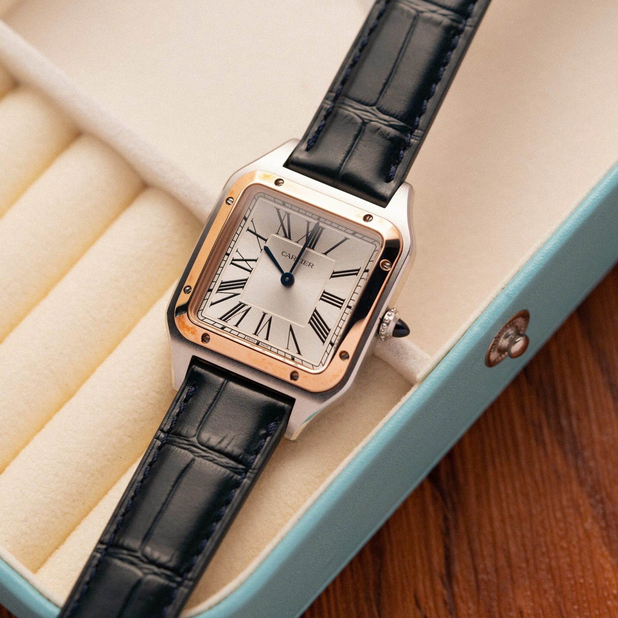 Cartier Santos Dumont CRW2SA0011 Two Tone Silver Dial Leather Strap Replica BVF 38mm x 27.5mm