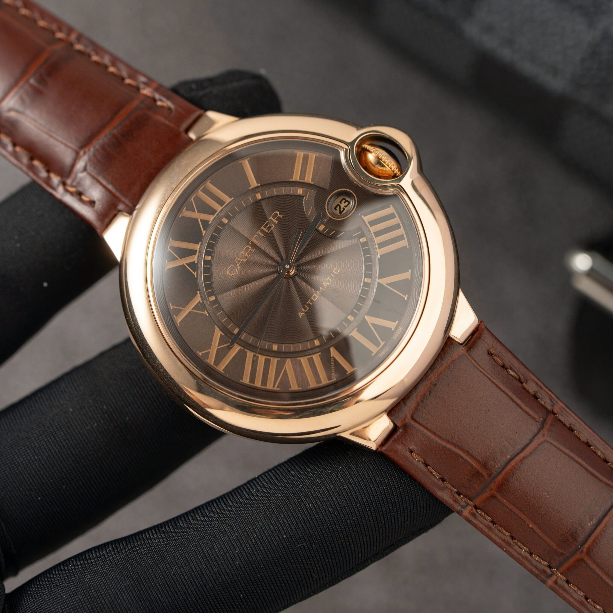 Cartier Ballon Bleu W6920037 Rose Gold Brown Dial Leather Strap Best Replica AF 42mm