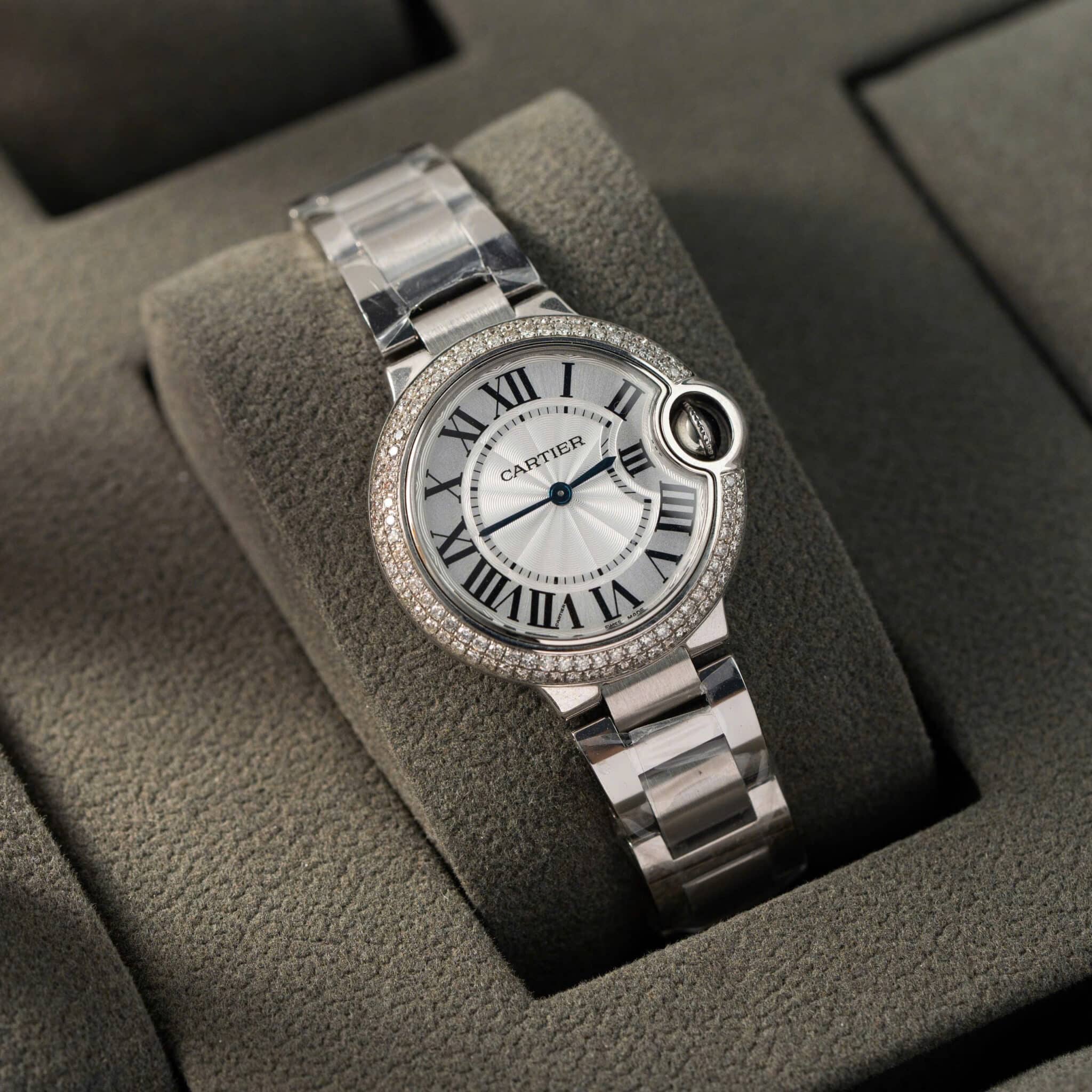 Cartier Ballon Bleu WE902065 White Dial Custom Natural Diamond Bezel Best Replica 33mm