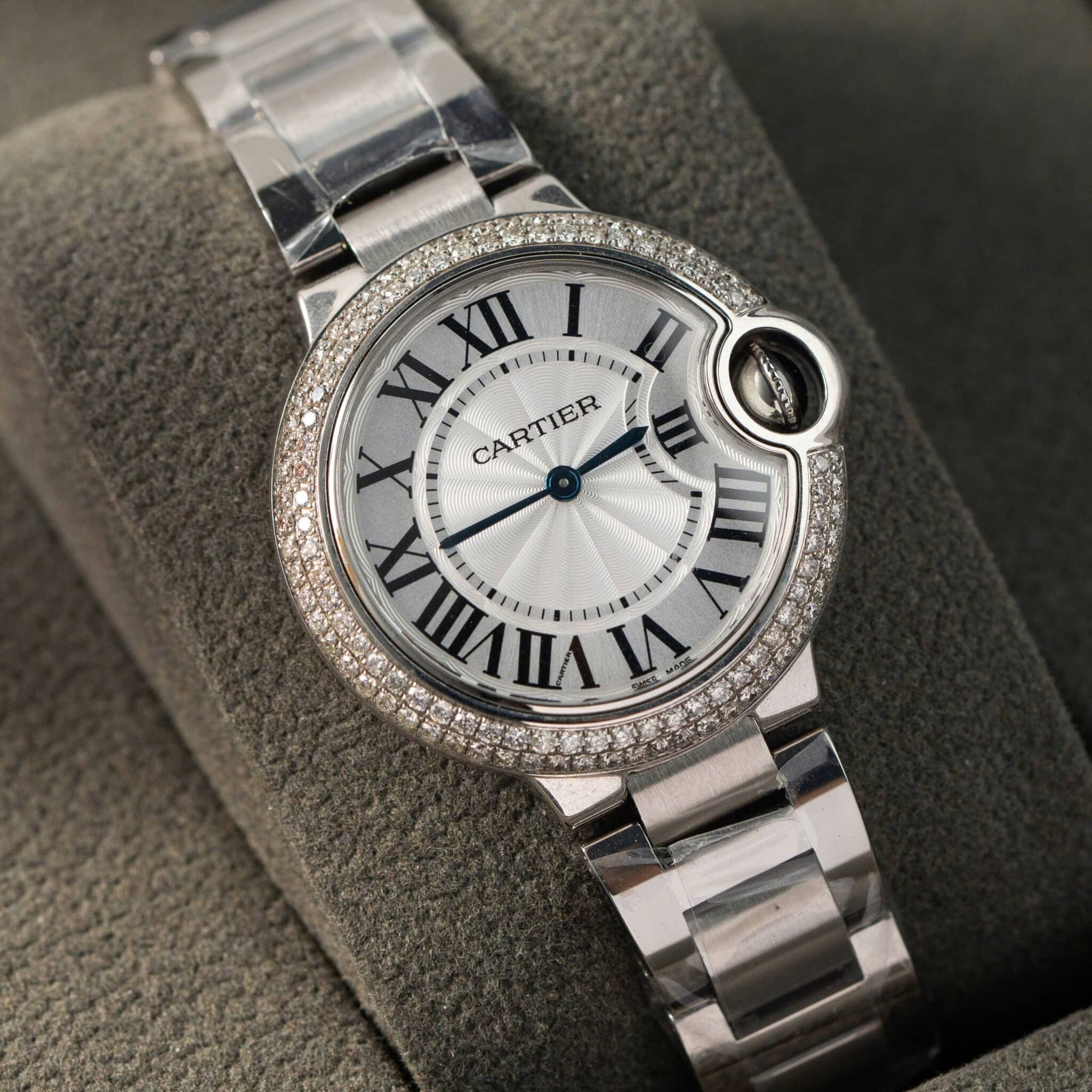 Cartier Ballon Bleu WE902065 White Dial Custom Natural Diamond Bezel Best Replica 33mm