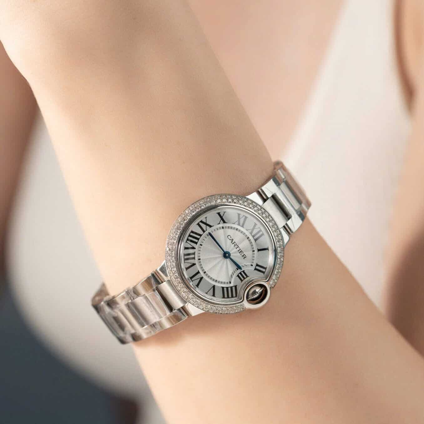 Cartier Ballon Bleu WE902065 White Dial Custom Natural Diamond Bezel Best Replica 33mm