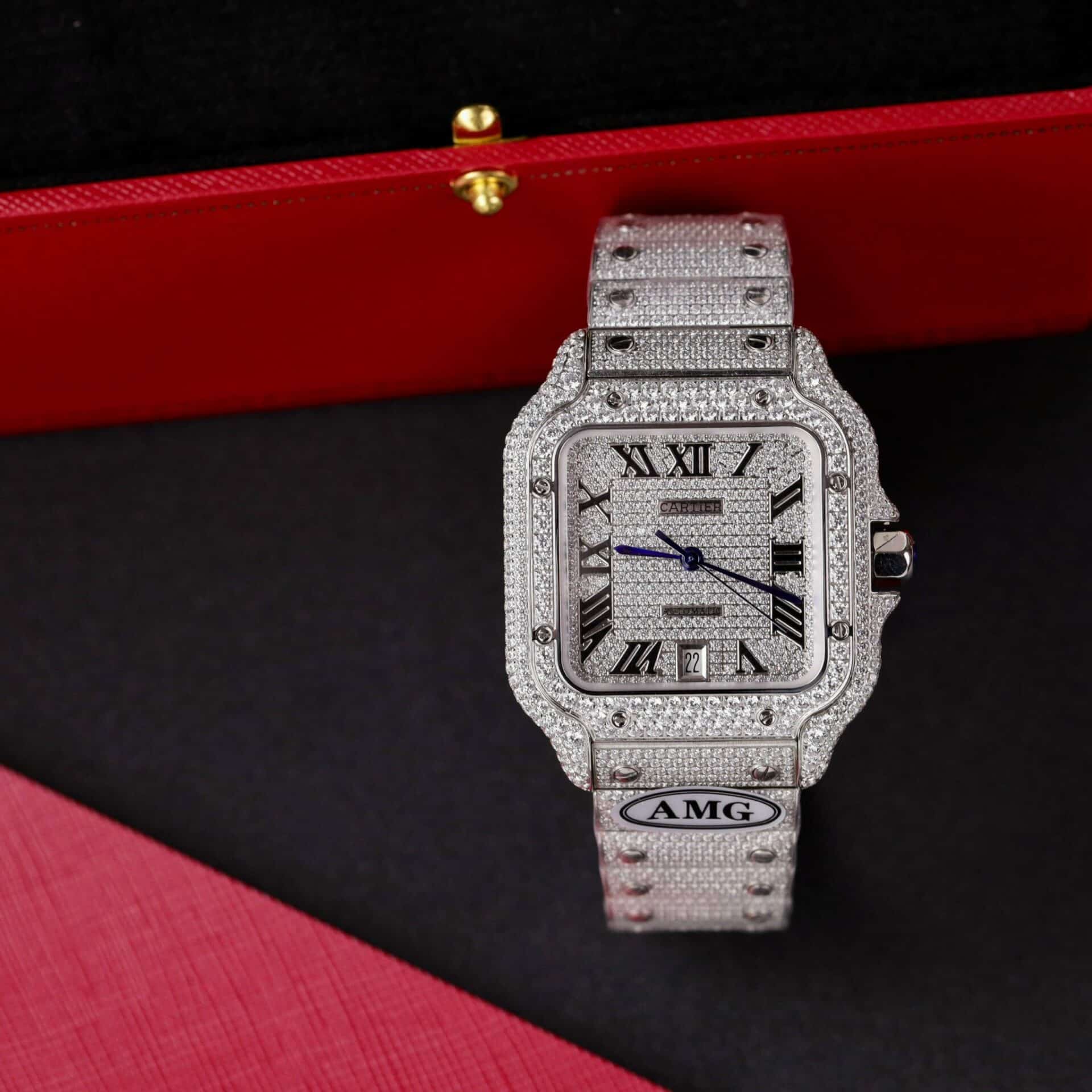 Cartier Santos Steel Large Model Iced Out Swarovski Stones Best Replica 39.8mm