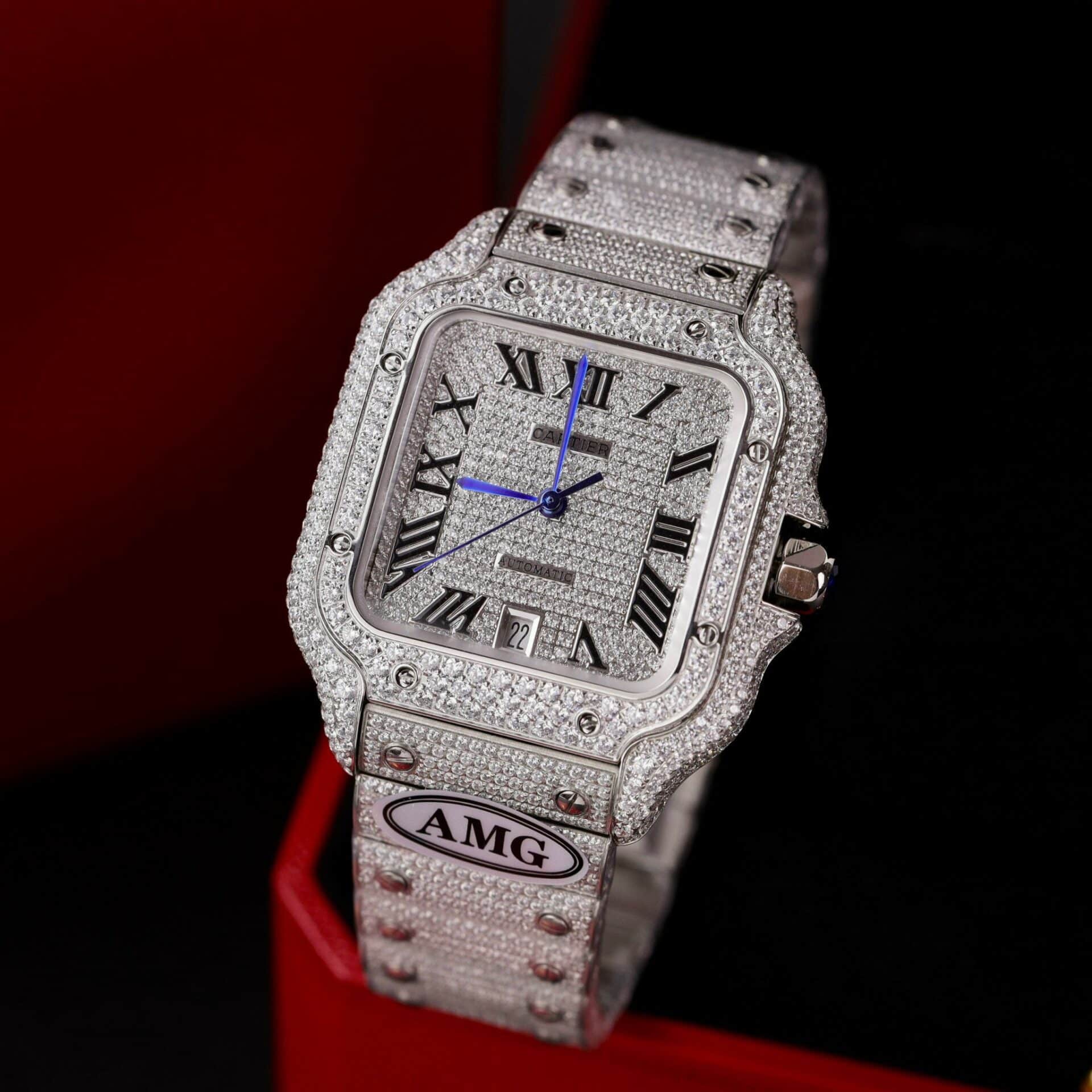 Cartier Santos Steel Large Model Iced Out Swarovski Stones Best Replica 39.8mm