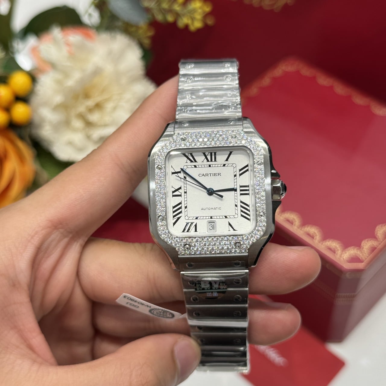 Cartier Santos Large Model White Dial Custom Moissanite Bezel Best Replica BVF 39.8mm