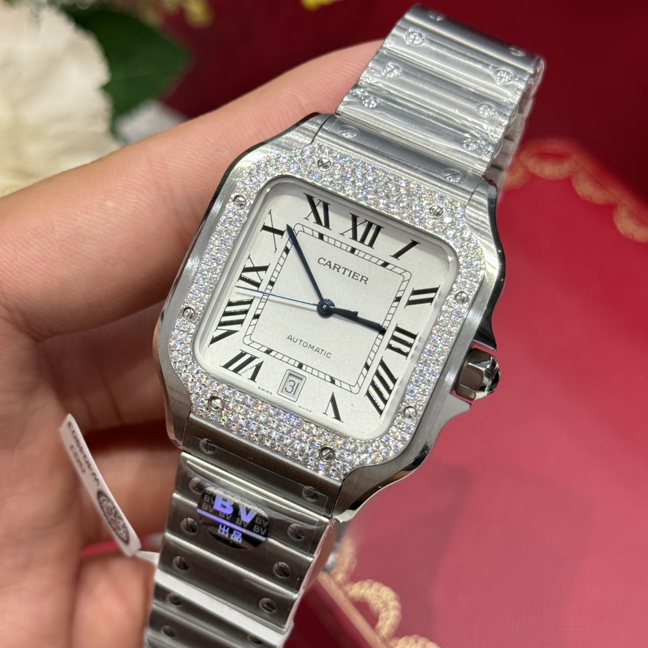 Cartier Santos Large Model White Dial Custom Moissanite Bezel Best Replica BVF 39.8mm