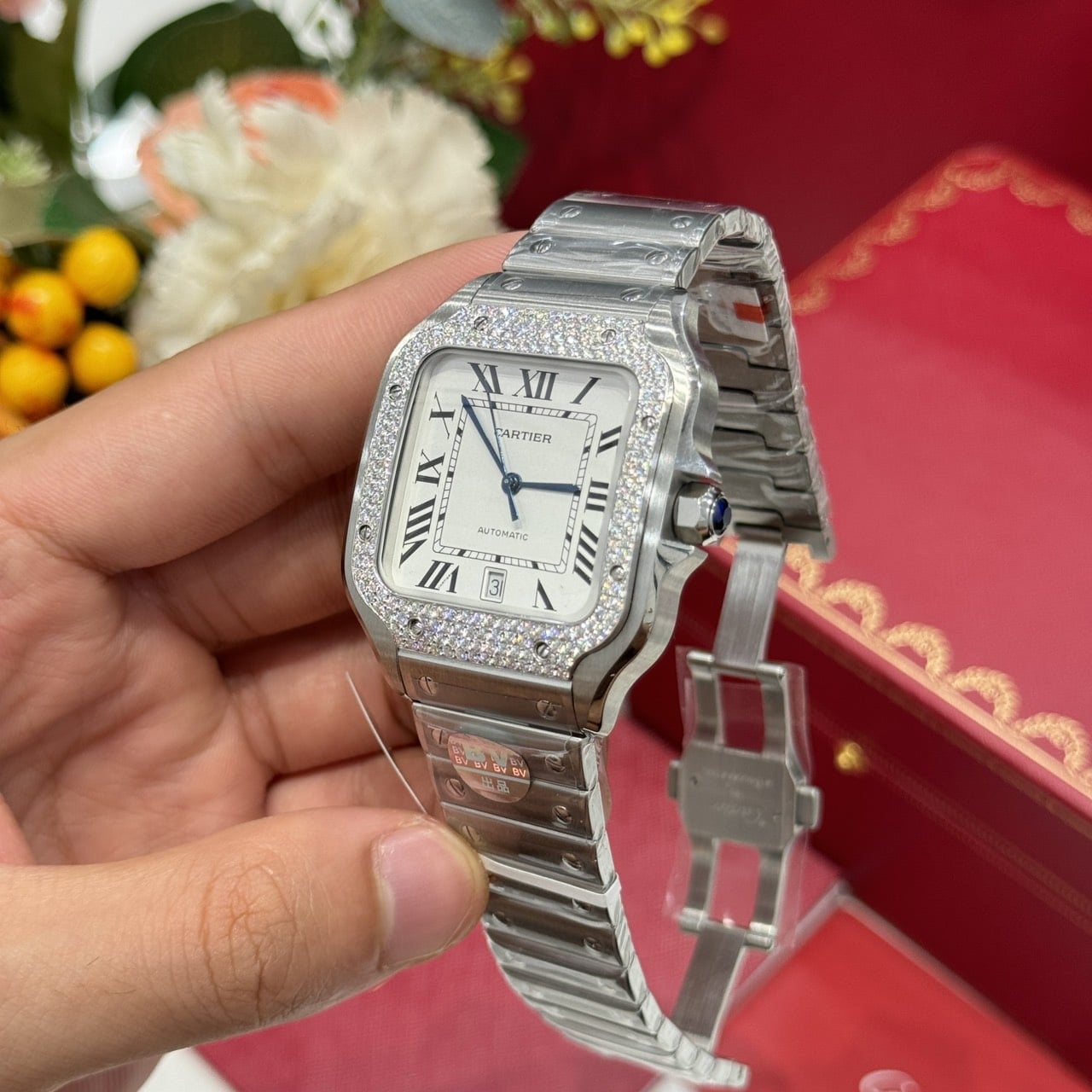 Cartier Santos Large Model White Dial Custom Moissanite Bezel Best Replica BVF 39.8mm