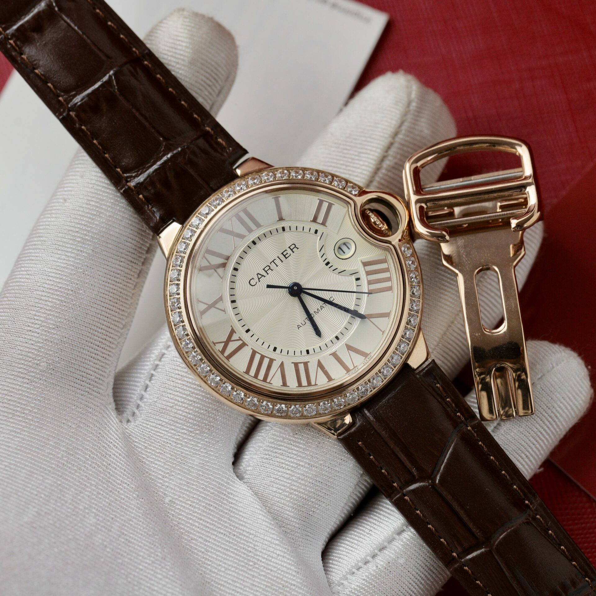 Cartier Ballon Bleu Rose Gold White Dial Diamond Bezel Leather Replica 42mm