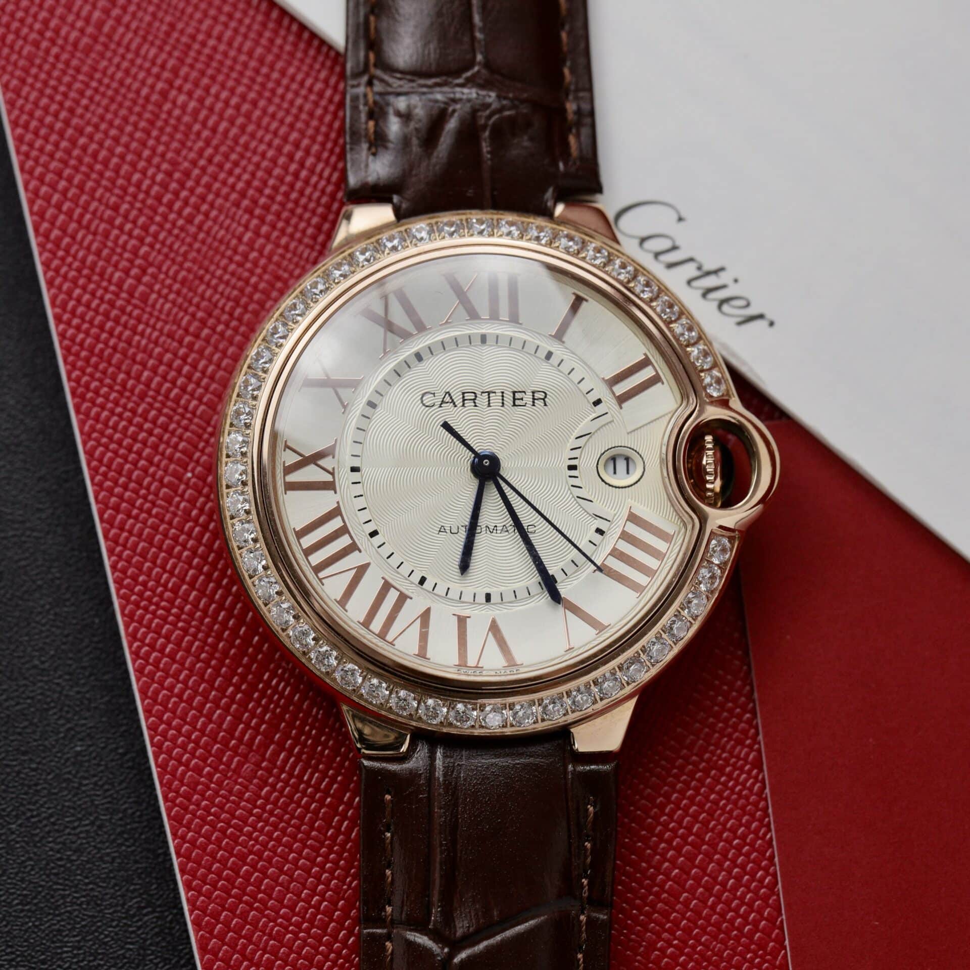 Cartier Ballon Bleu Rose Gold White Dial Diamond Bezel Leather Replica 42mm