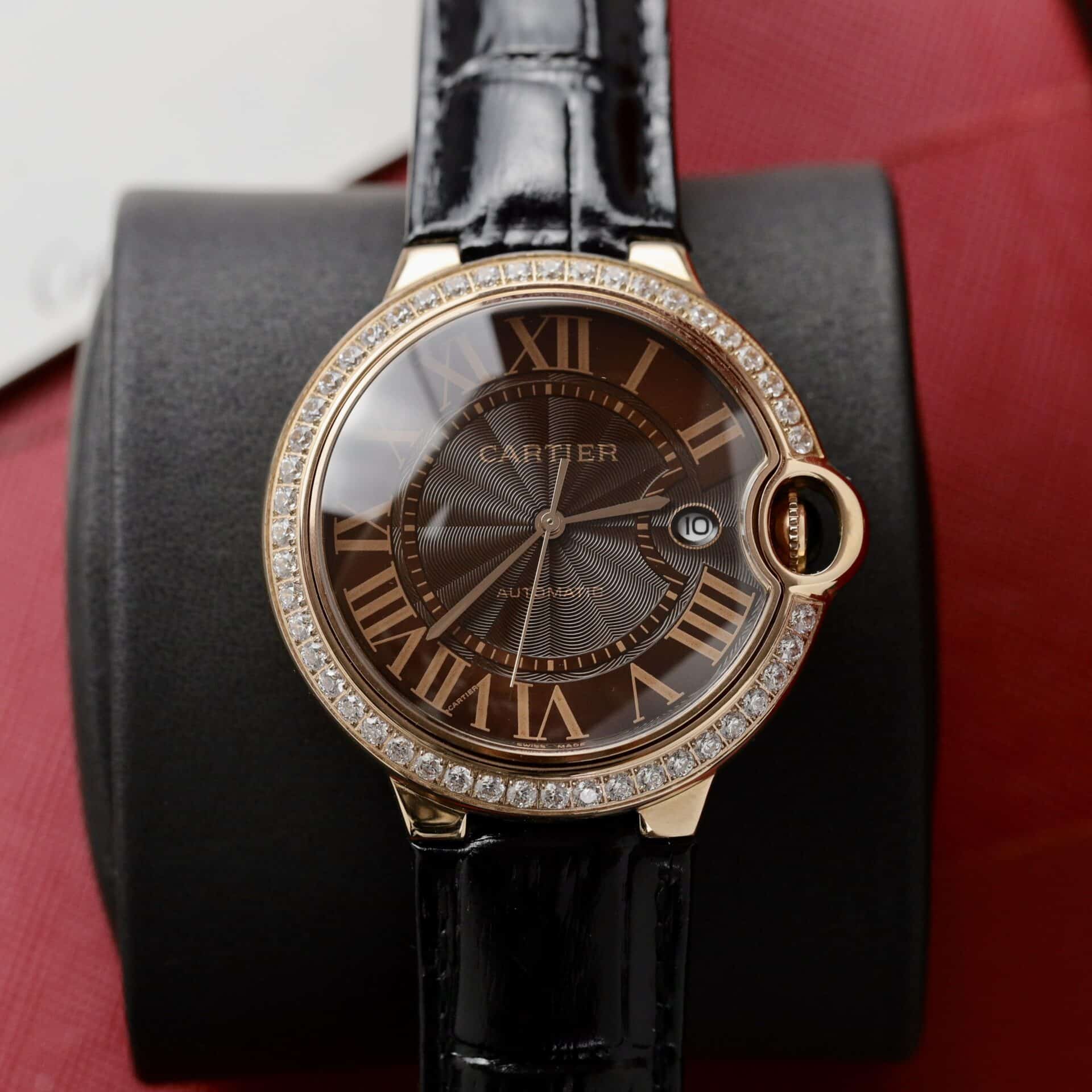 Cartier Ballon Bleu Rose Gold Grey Dial Diamond Bezel Leather Replica 42mm