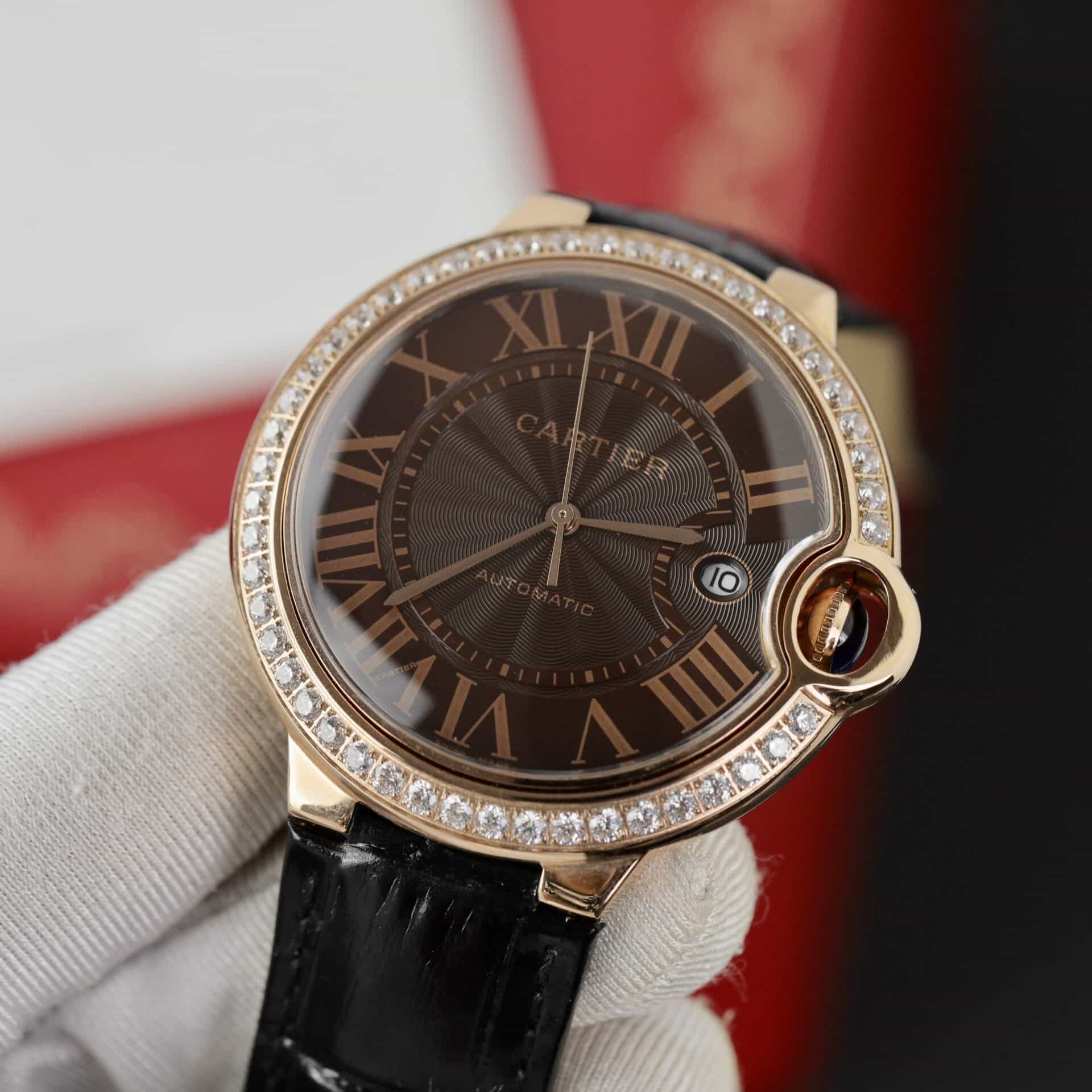 Cartier Ballon Bleu Rose Gold Grey Dial Diamond Bezel Leather Replica 42mm