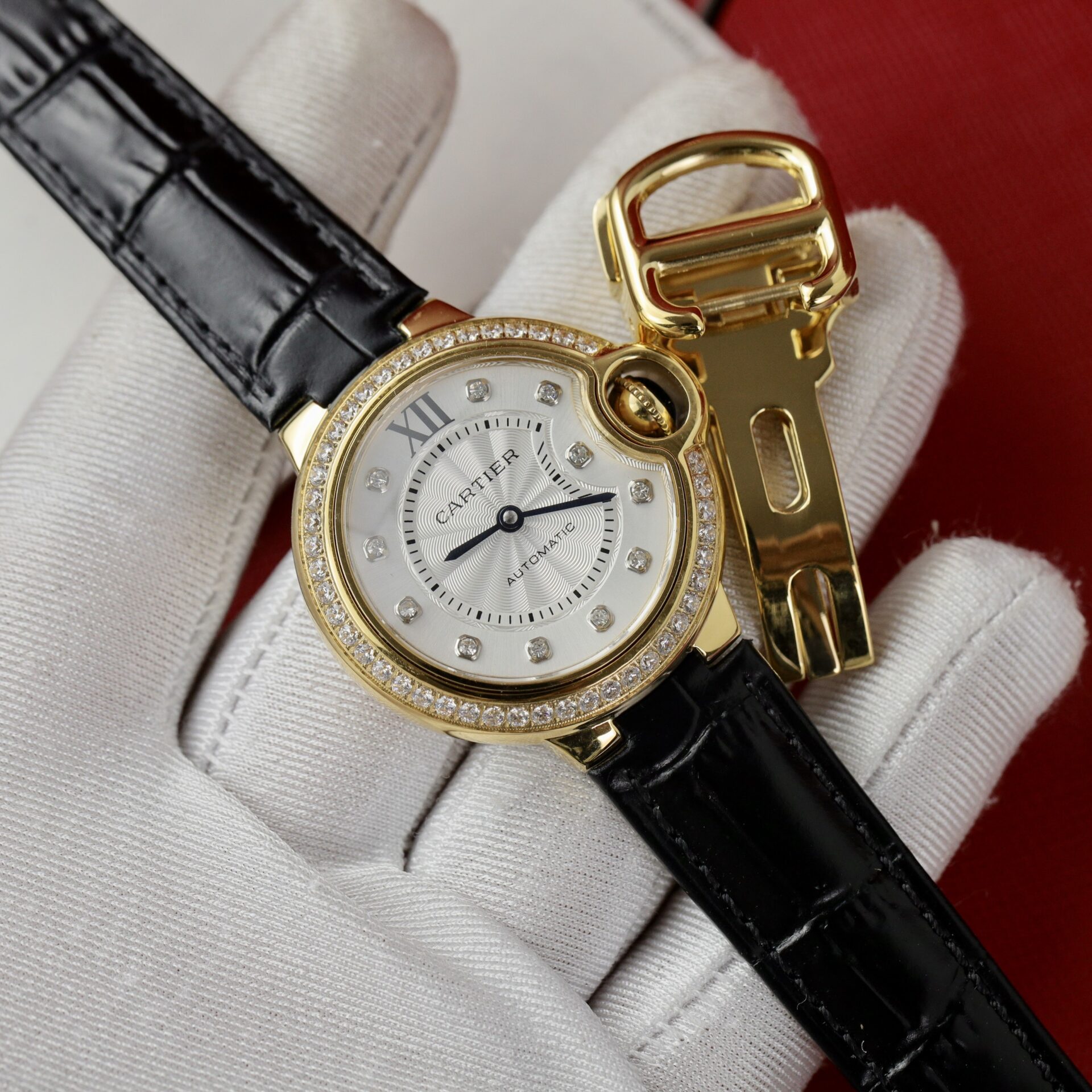 Cartier Ballon Bleu Yellow Gold Diamond Bezel Leather Replica 39mm