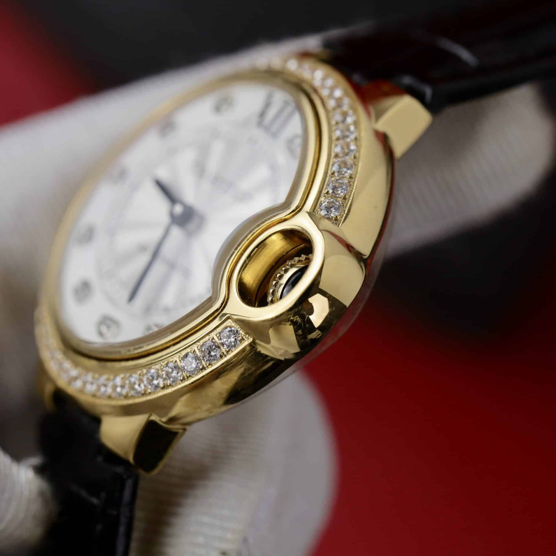 Cartier Ballon Bleu Yellow Gold Diamond Bezel Leather Replica 39mm