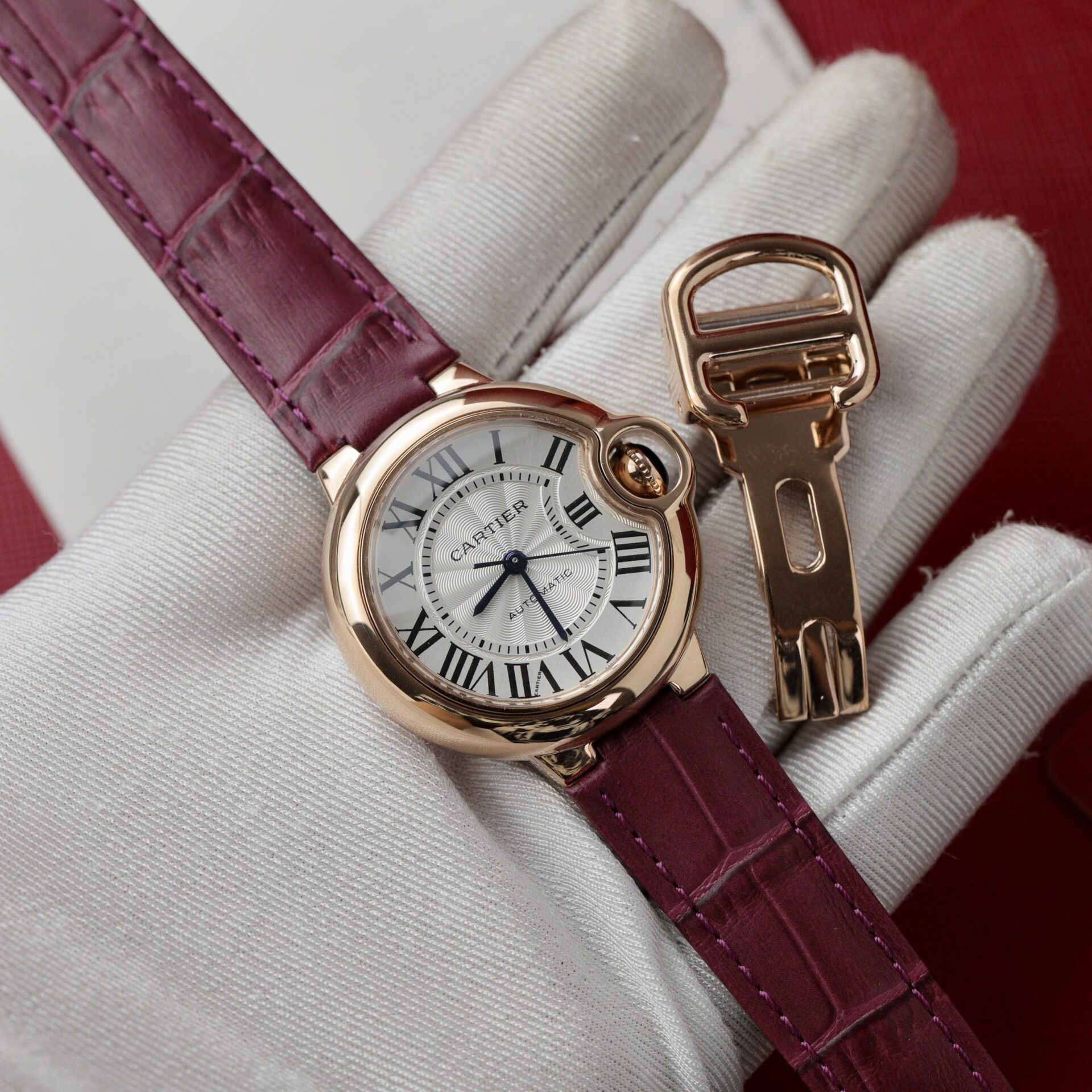 Cartier Ballon Bleu Rose Gold White Dial Pink Leather Replica 39mm