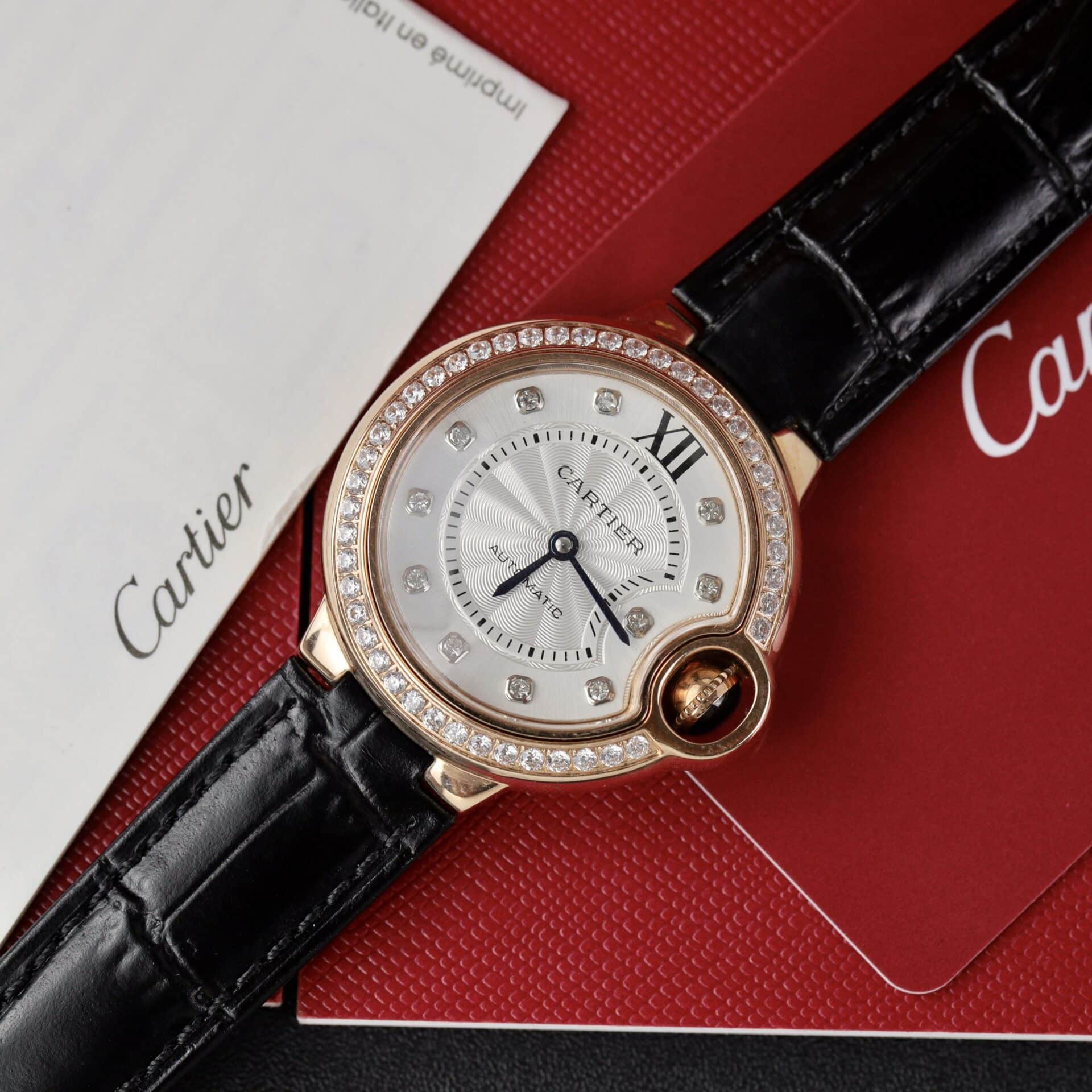 Cartier Ballon Bleu Rose Gold White Diamond Dial Diamond Bezel Leather Replica 39mm