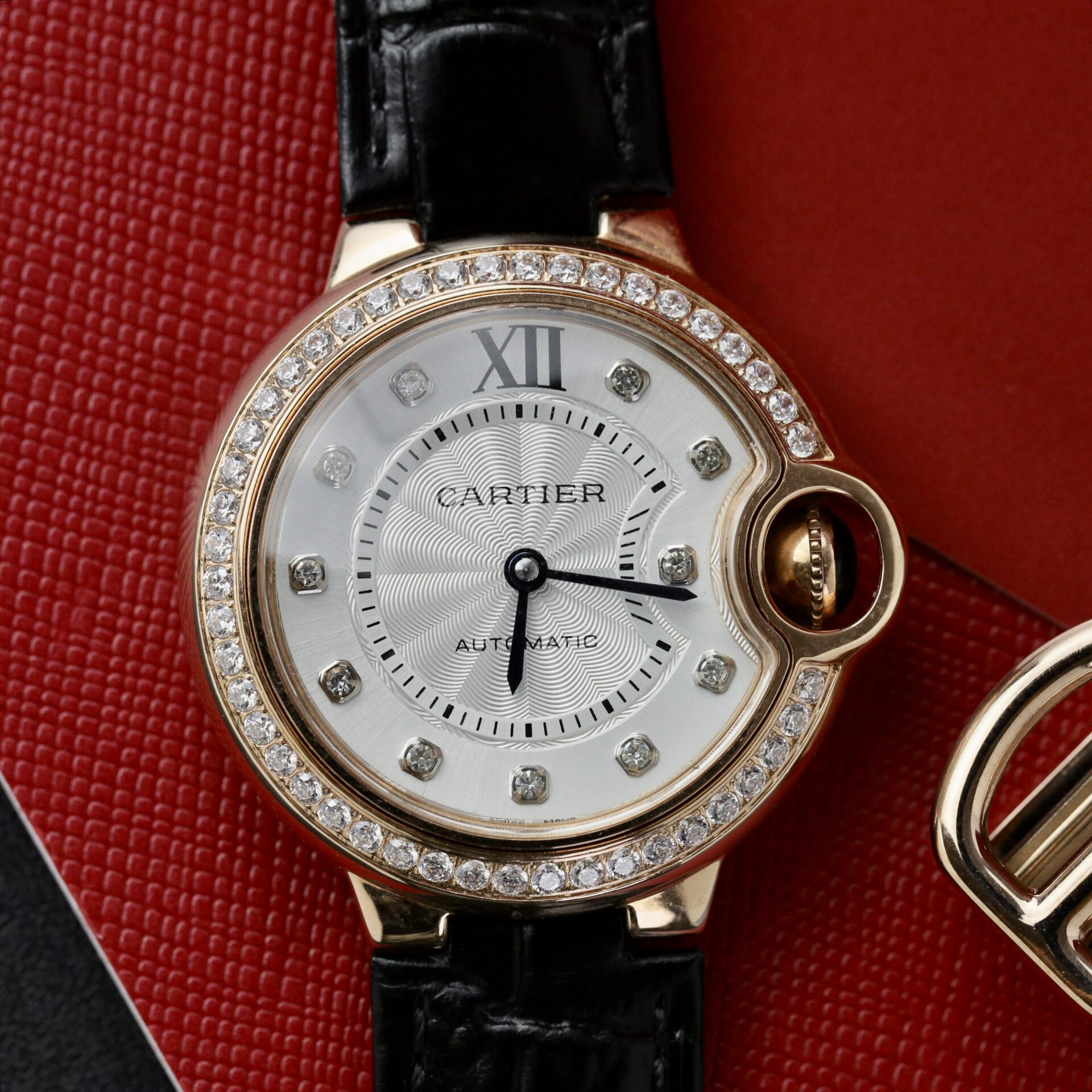 Cartier Ballon Bleu Rose Gold White Diamond Dial Diamond Bezel Leather Replica 39mm