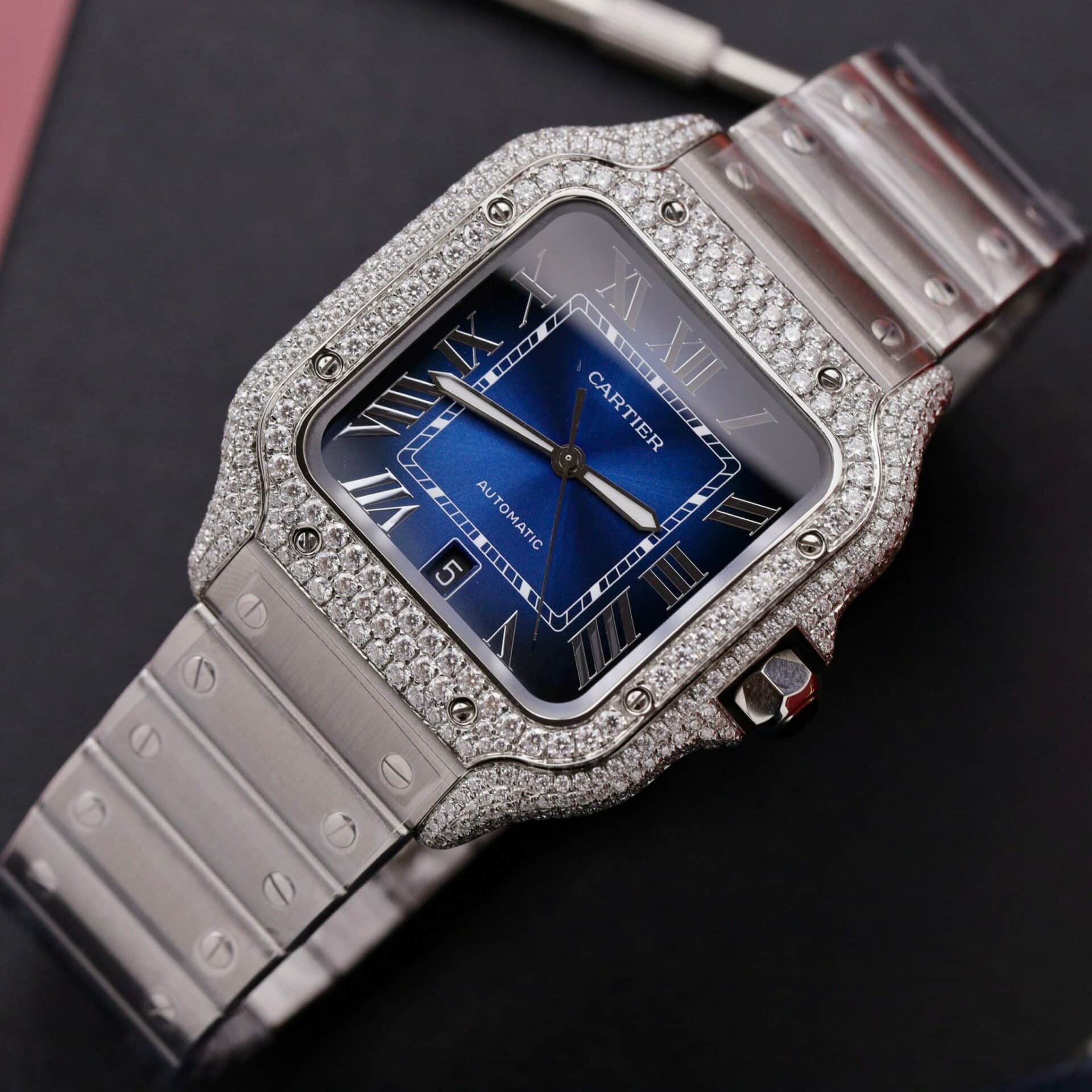 Cartier Santos Blue Dial Custom Moissanite Case Large Model Best Replica BVF 39.8mm