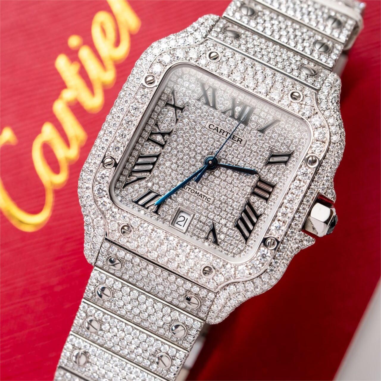 Cartier Santos Iced Out VVS1 Clarity Moissanite Large Model Best Replica 39.8mm