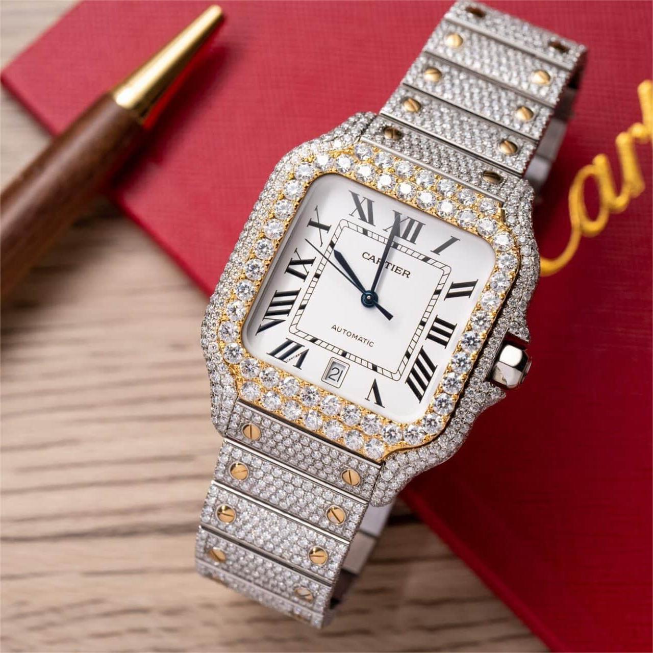 Cartier Santos White Dial Two Tone Large Model Iced Out Moissanite 39.8mm