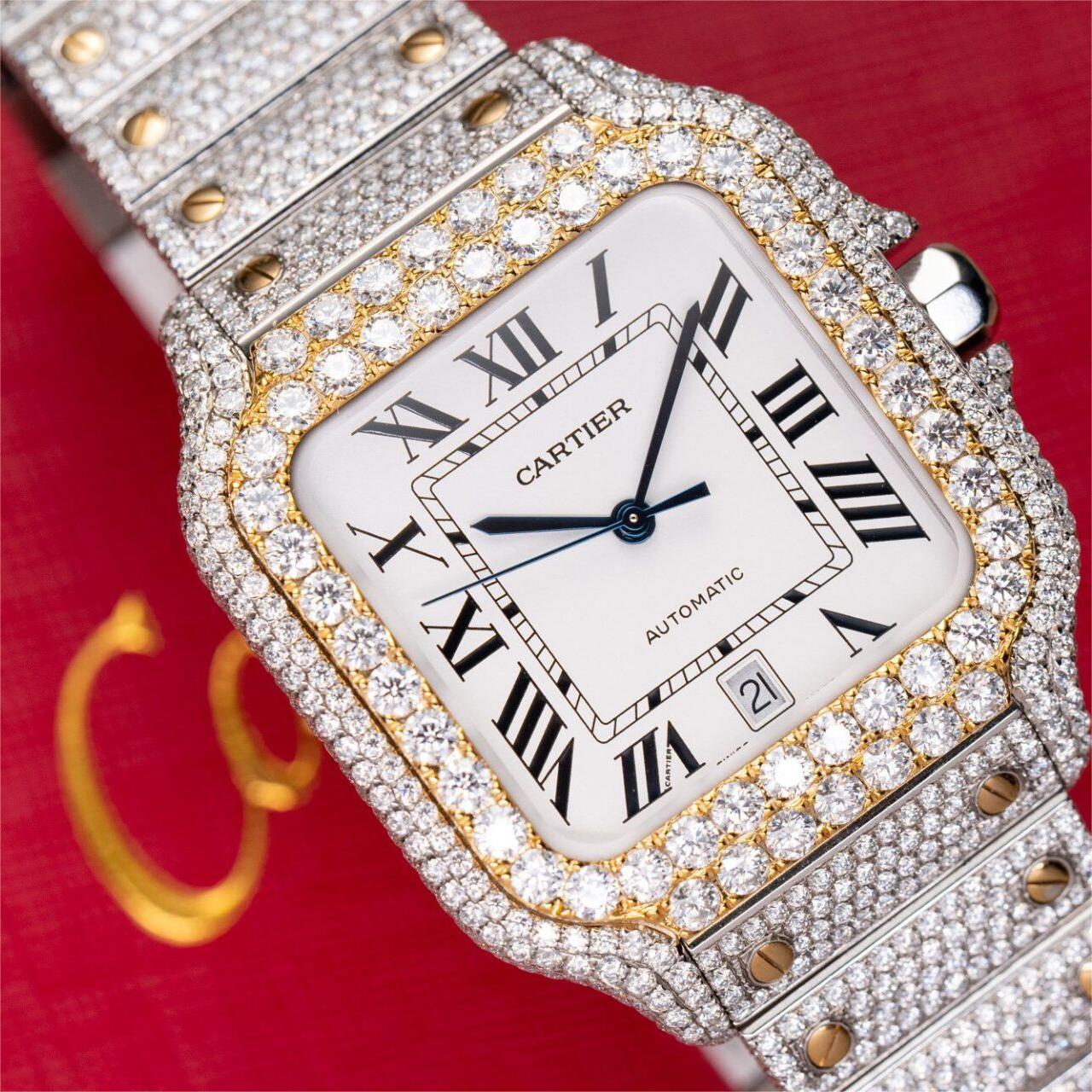 Cartier Santos White Dial Two Tone Large Model Iced Out Moissanite 39.8mm