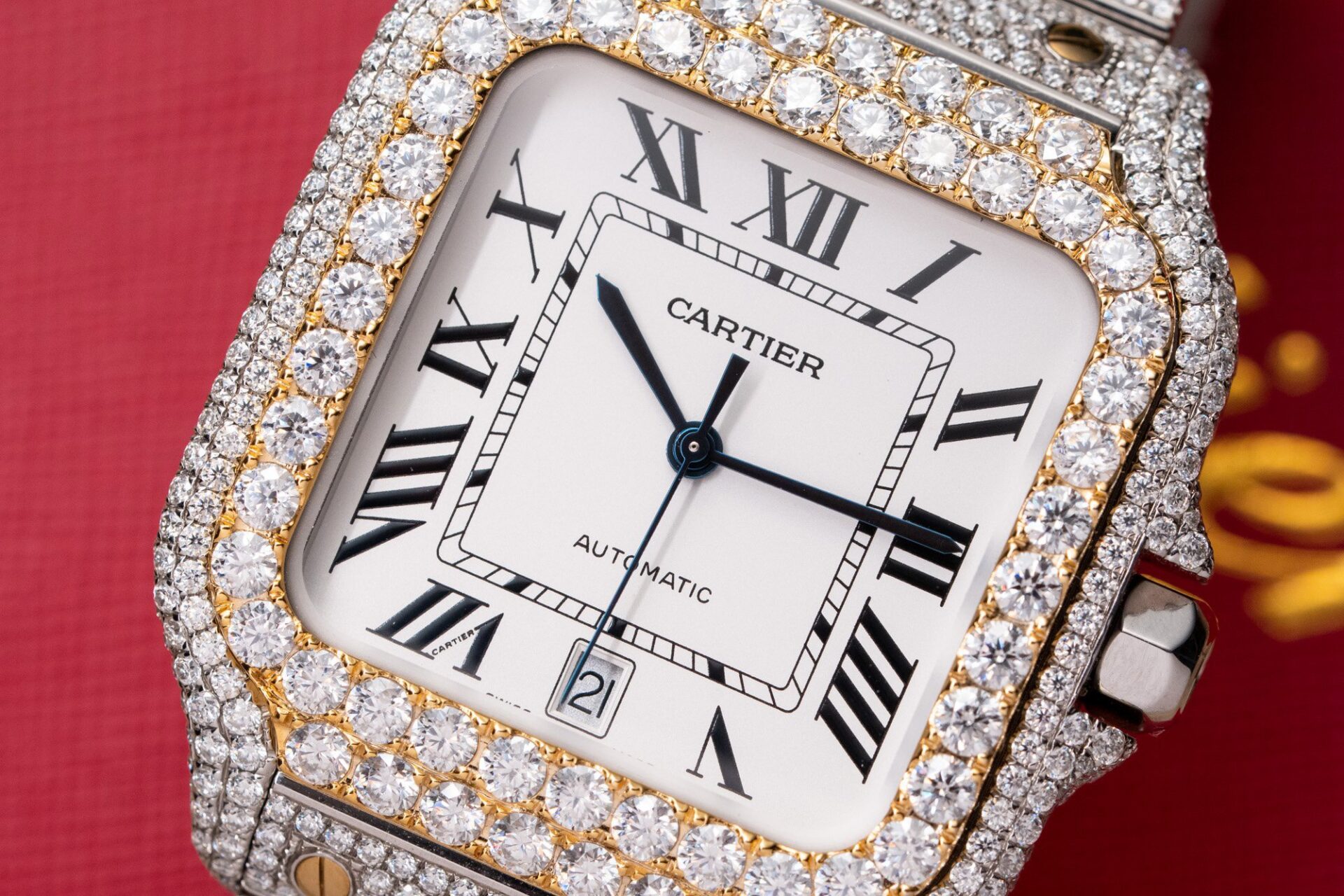 Cartier Santos White Dial Two Tone Large Model Iced Out Moissanite 39.8mm