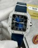 Cartier Santos Large Model Blue Dial Custom Moissanite Case Leather Strap 39.8mm