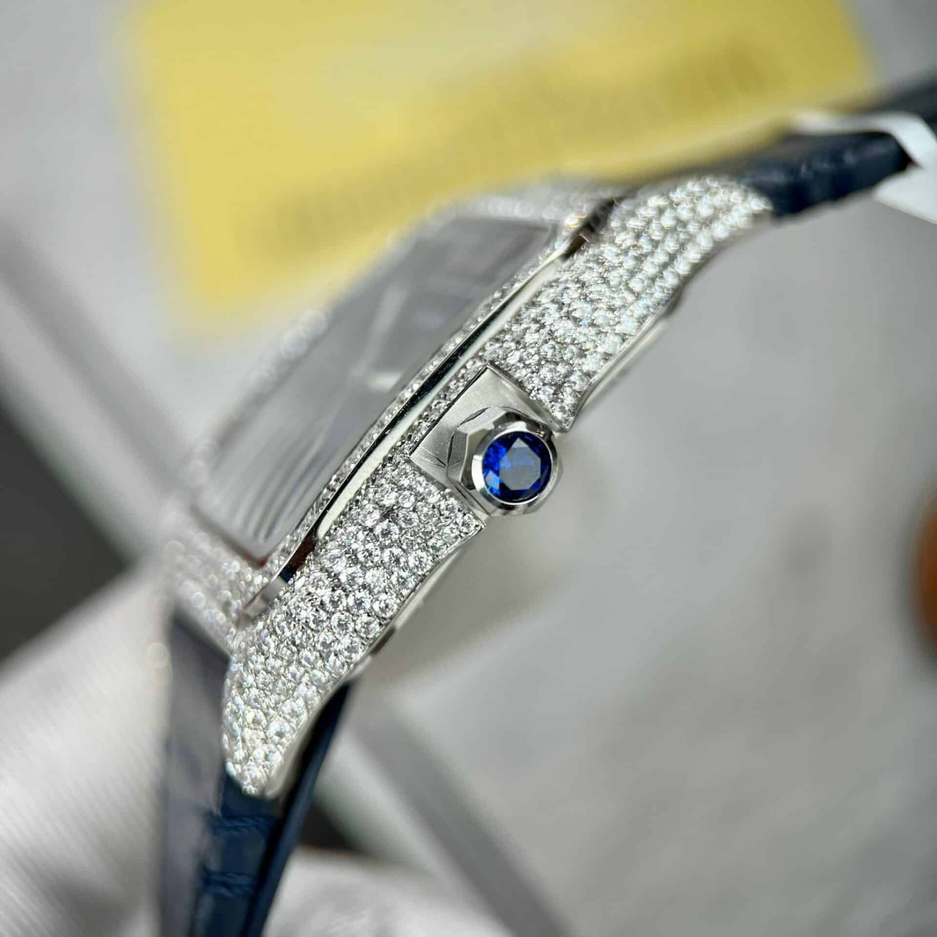 Cartier Santos Large Model Blue Dial Custom Moissanite Case Leather Strap 39.8mm