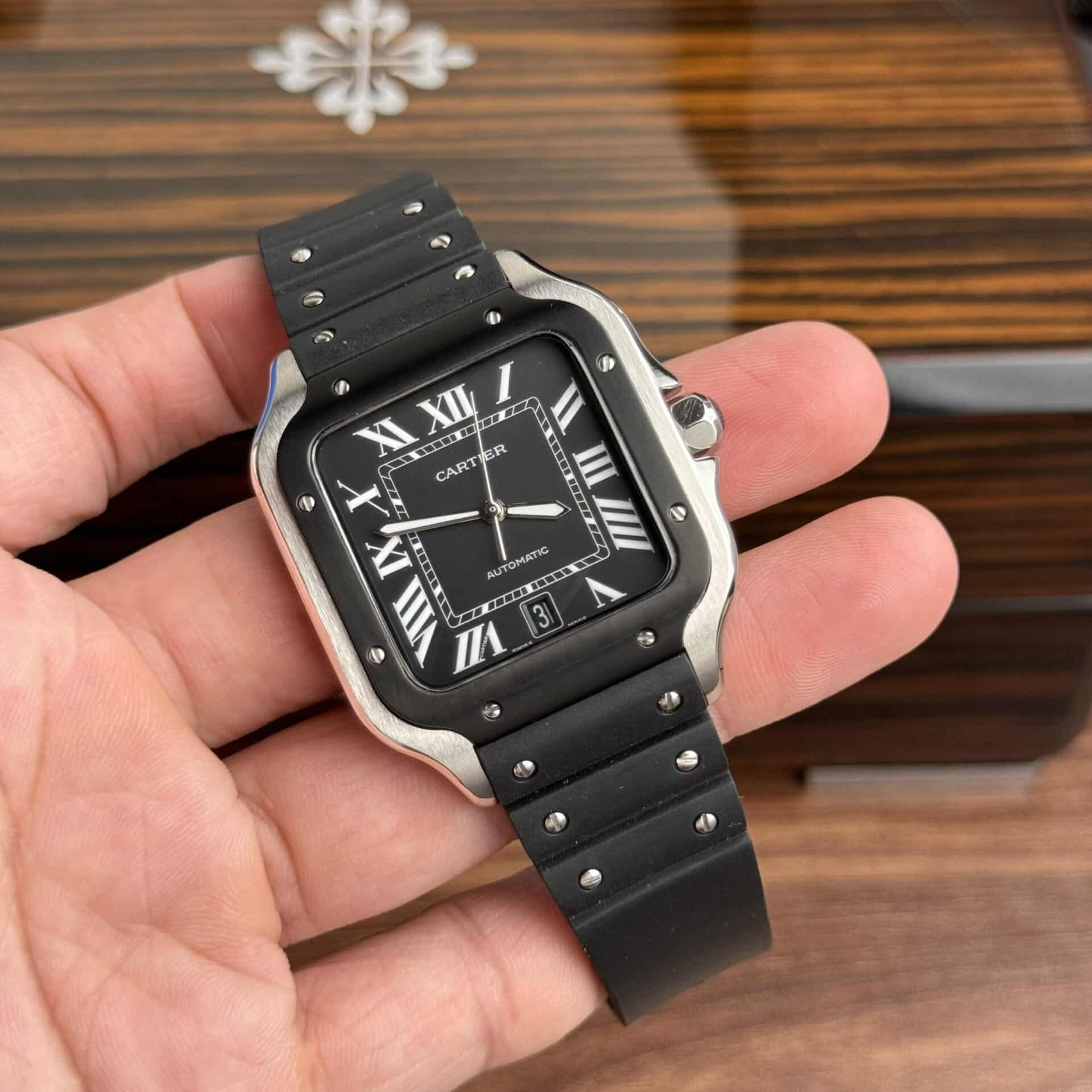 Cartier Santos WSSA0039 Black Dial Rubber Strap Large Model Best Replica BVF 39.8mm