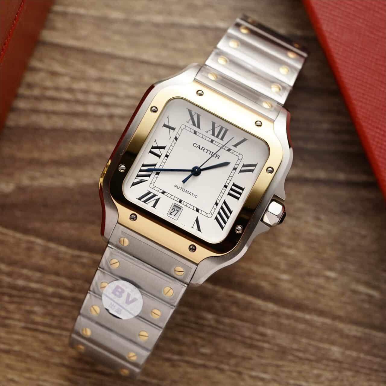 Cartier Santos Two Tone Yellow Gold White Dial Large Model Best Replica BVF 39.8mm