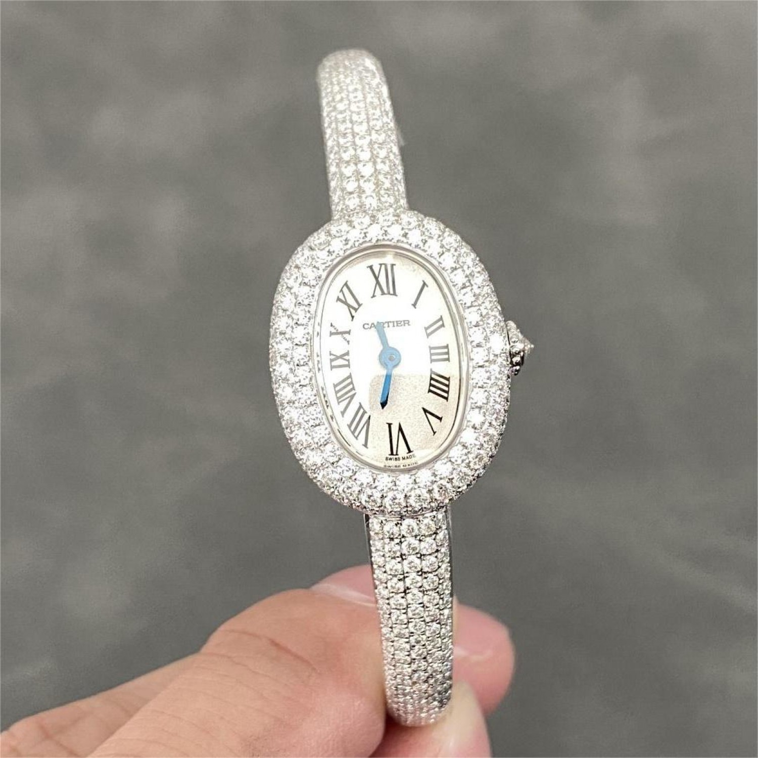 Cartier Baignoire HPI01607 Mini Model Silver Dial Iced Out Moissanite Best Replica (Wrist Size 15, 16, 17cm)