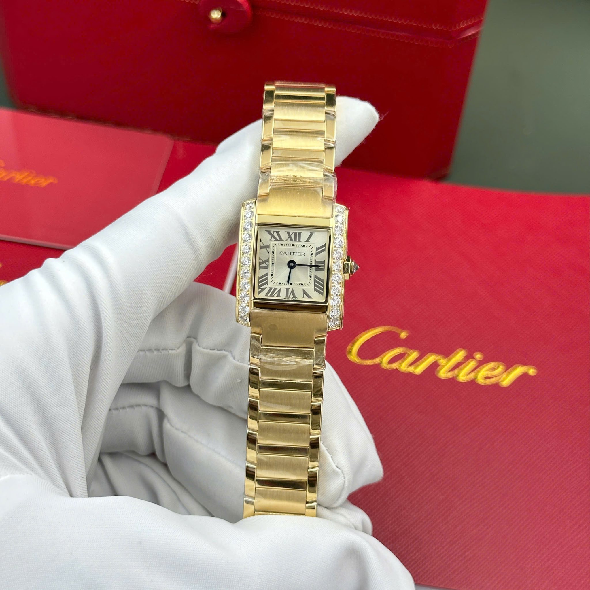 Cartier Tank Francaise WJTA0062 Golden Sunray Dial Yellow Gold Stone-set Bezel Replica 25.7 x 21.2mm