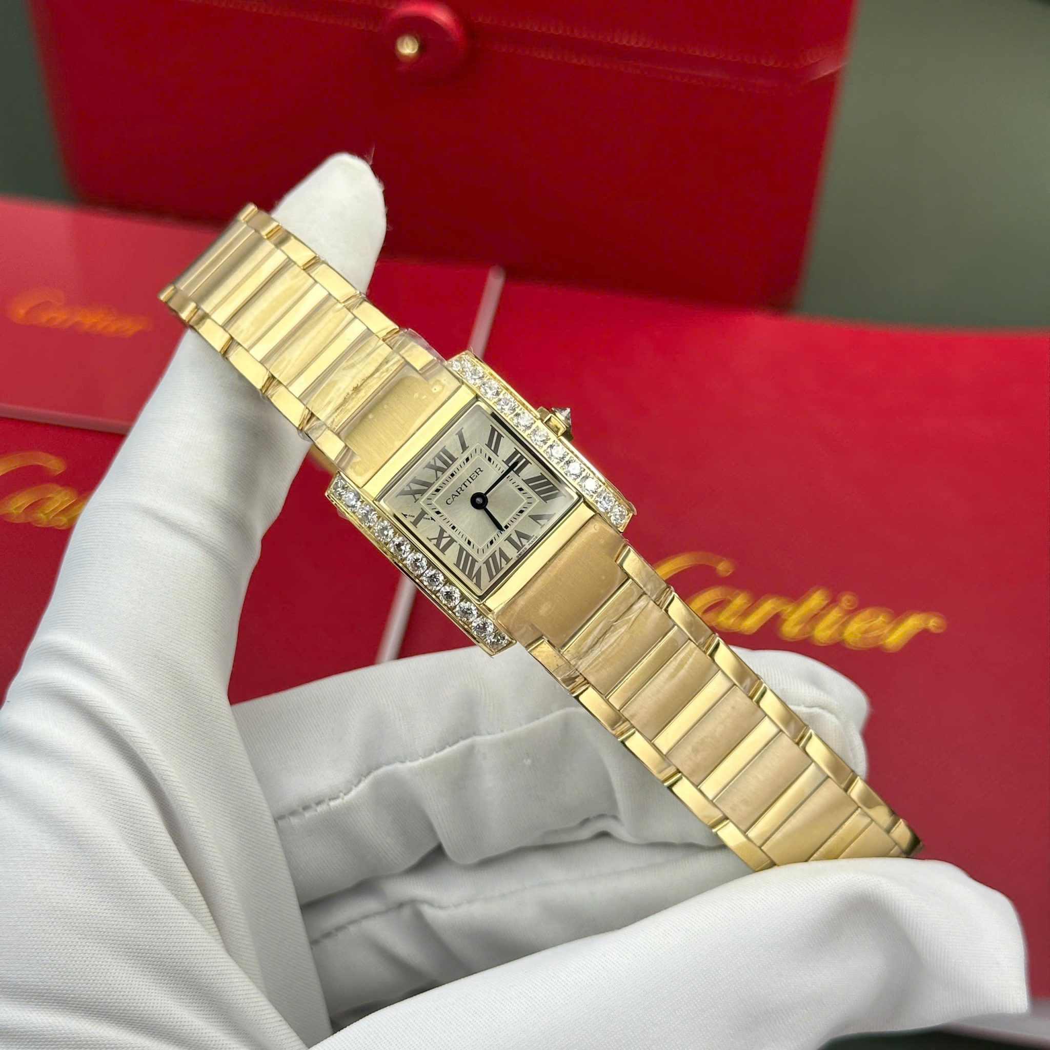 Cartier Tank Francaise WJTA0062 Golden Sunray Dial Yellow Gold Stone-set Bezel Replica 25.7 x 21.2mm