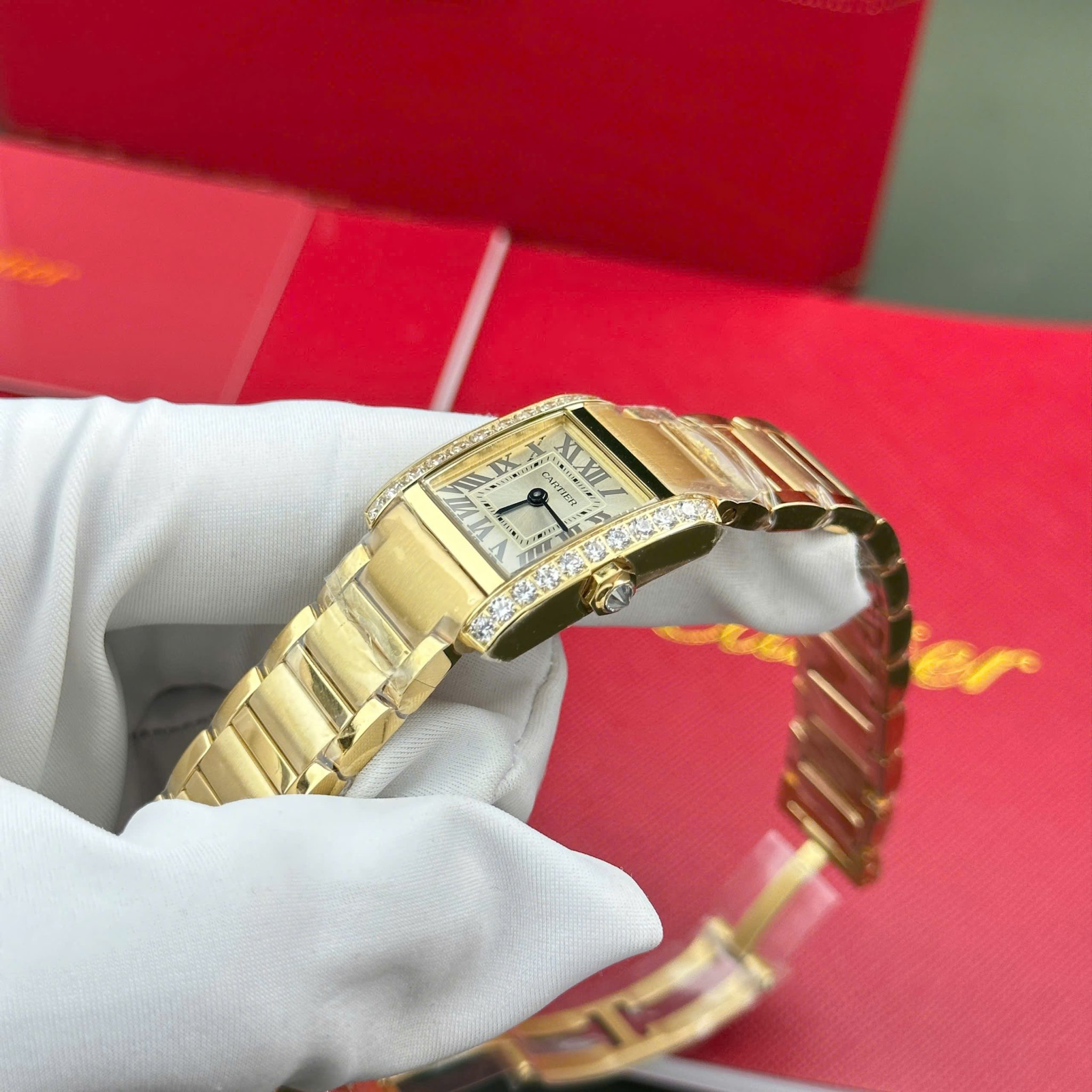 Cartier Tank Francaise WJTA0062 Golden Sunray Dial Yellow Gold Stone-set Bezel Replica 25.7 x 21.2mm