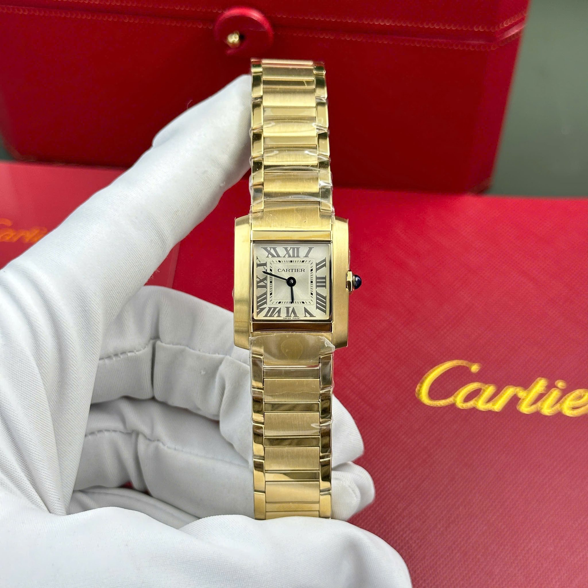 Cartier Tank Francaise WGTA0114 Small Model Ladies Golden Sunray Dial Yellow Gold Replica 25.7 x 21.2mm