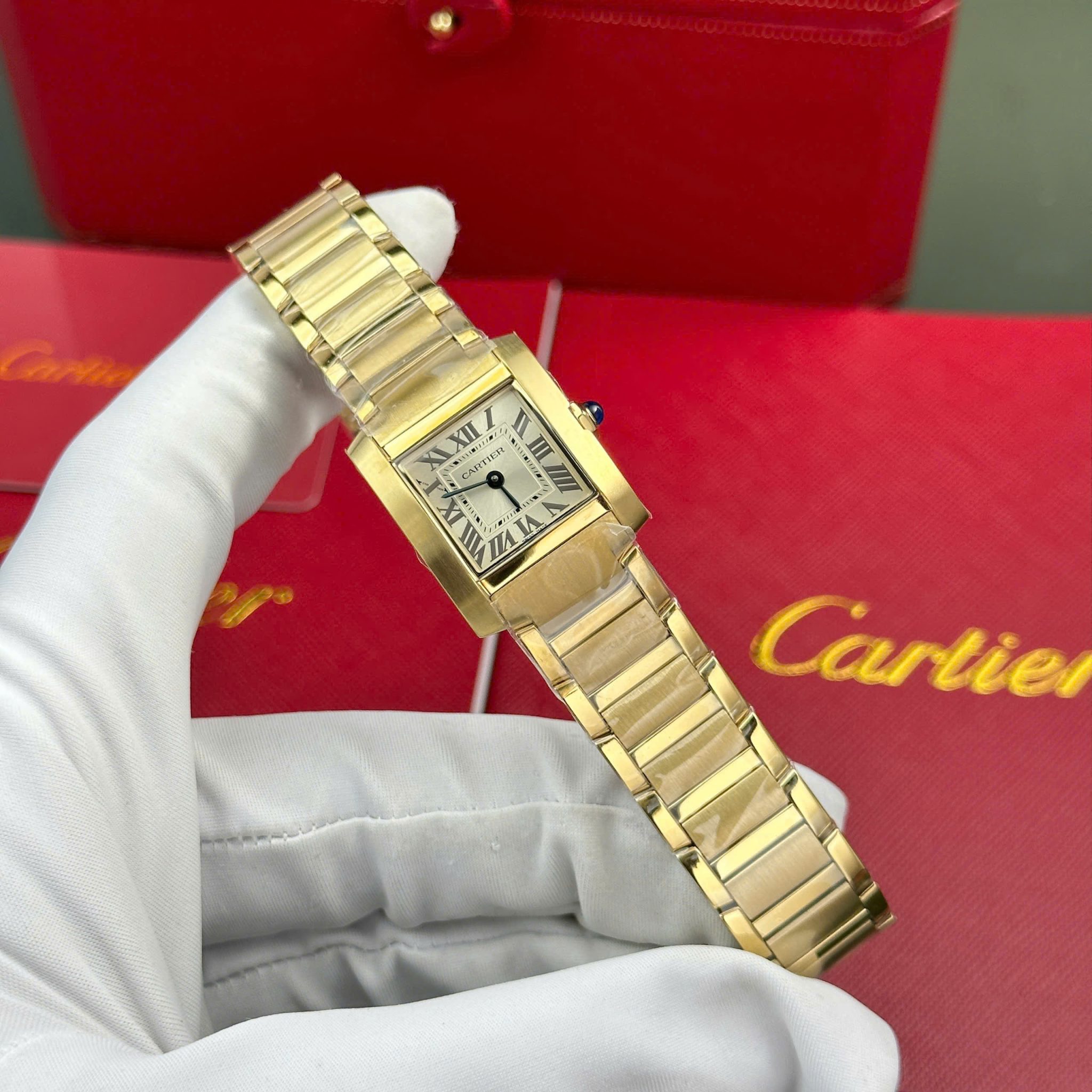 Cartier Tank Francaise WGTA0114 Small Model Ladies Golden Sunray Dial Yellow Gold Replica 25.7 x 21.2mm