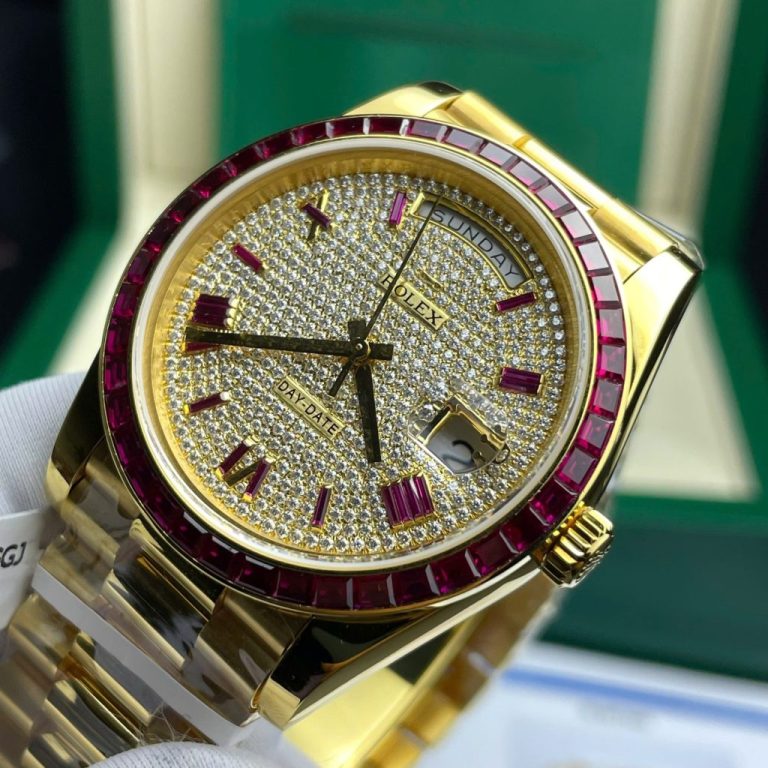 Rolex Day-Date Replica Watch Ruby Red + Moissanite Diamonds Gold Wrapped GM Factory 40mm